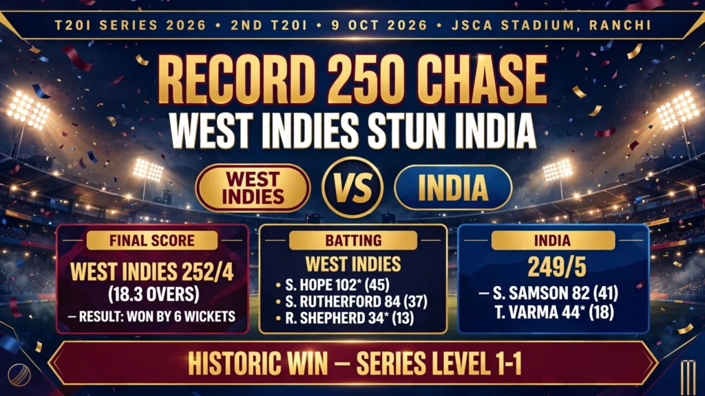 IND vs WI 2nd T20I: Shai Hope's 102* Powers West Indies' Record 250 Chase in Ranchi