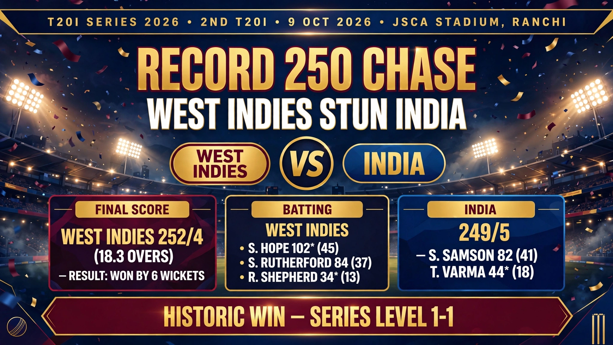 IND vs WI 2nd T20I: Shai Hope's 102* Powers West Indies' Record 250 Chase in Ranchi